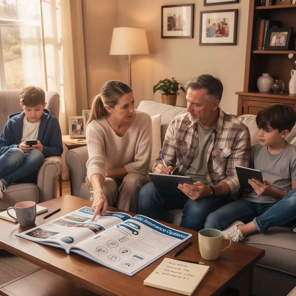 Ilustracja samochodu z informacjami na temat sezonowych ofert ubezpieczeniowych.